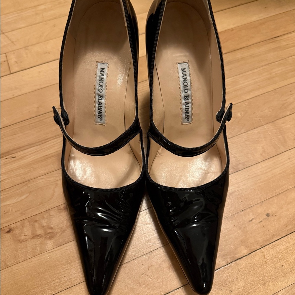 Manolo Blahnik Campari Black Patent Leather Heels Mary Jane Strap Classic 39.5 - Picture 3 of 15